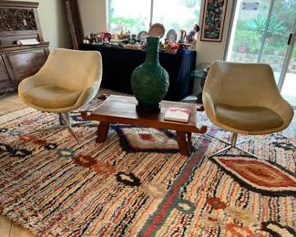 Notice the wool area rug by West Elm, it will work in contemporary or traditional interiors, also Asian wood table and a pair of Kimball Bloom chairs 