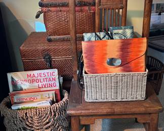 Asian chair, Asian baskets,  and design books 