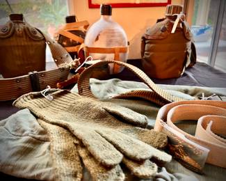 Military canteens, belt, and gloves 