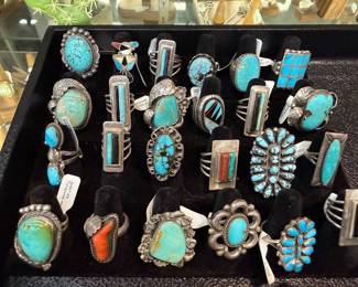 Native American turquoise and coral sterling rings 