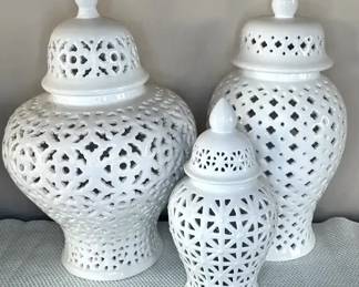Pierced Ceramic Covered Lanterns Trio