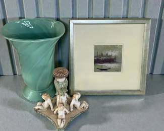 Andrea Alzeni Painting, Cherub Metal Base Unsigned Vase