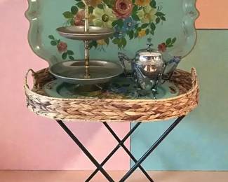 Hand Painted Toleware Metal Tray,Wicker Butler Tray More