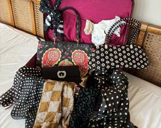 Vintage Suitcase, Handbag And Scarves