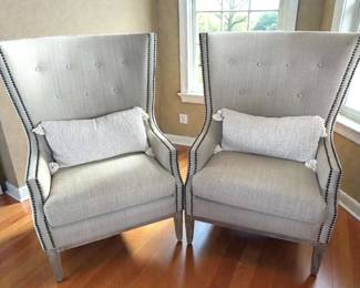 Pair of Linen Wing Back Chairs
