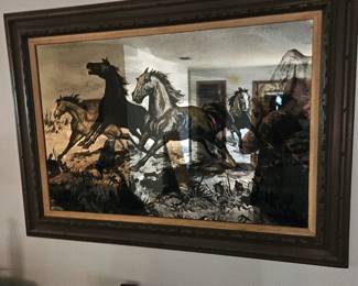 And finally a mirror depicting horses racing. Wooden frame
$60