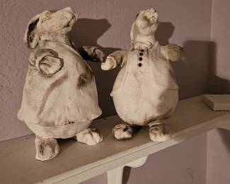 A set of two clay bunnies that were made by a local artist. $40 for the pair. Don't be like the last person and steal the matching pig with wings. Take the high road and pay for it