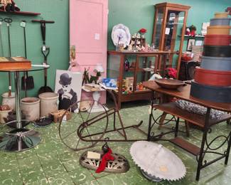 Antique crocks, tools, Shaker boxes, wood/glass display cabinets, vintage doors & windows
