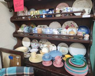Fiesta ware, luncheon set, assorted fine china plates, souvenir plates.  Free Welsh dresser