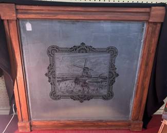 Victorian etched glass scene on window