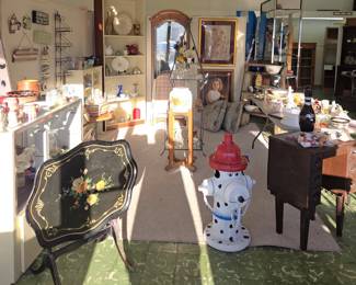 Hand painted Tole flip-top tray table, real vintage fire hydrant, repurposed sewing machine table
