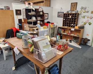 Vintage pine table, 5-tier serving tray, wooden cubby display