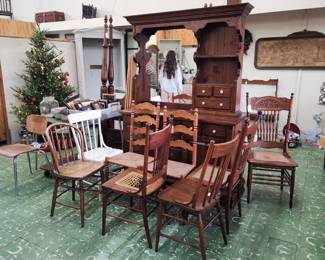 Antique chairs, Christmas Tree, large 4-poster bed, large dresser with storage hutch/mirror on top