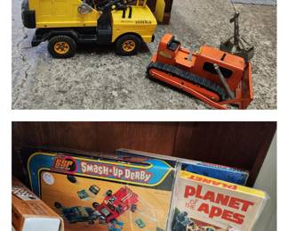 Tonka Toy construction vehicles, vintage board games