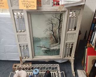 Victorian fire screen, painted over wood spindles & carving, vintage images in center front & back