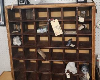 wooden 36-cubby display, vintage cameras