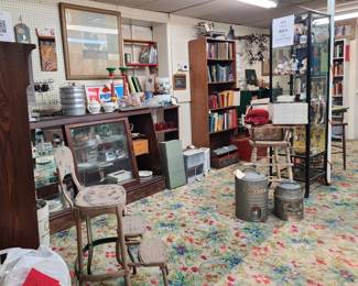 Vintage books and fine china, stepstool chair, water coolers