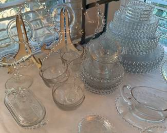 CANDLE WICK: DINNER, SALAD, BREAD PLATES, COASTERS, WATER GOBLETS, ROUND CAKE STAND, HANDLED TRAY, SAUCE BOWL W/ UNDERPLATE, CUPS & SAUCERS, NAPPY, SALAD SERVING FORK & SERVING SPOON, WAFER TRAY W/ CENTER HANDLE, 3/8 MAYO BOWLS, 