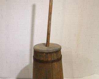 An antique wooden dasher butter churn, 38" x 11". This item can not be shipped.