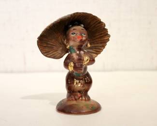 A collection of Black Americano figures, Vintage Joseph Originals 1957,  "Bongo" or "Congo", 4", in a lot with, A vintage Black Americana memorabilia, ceramic ashtray figurine depicting a young Black boy with an alligator, 4" x 5"
Vintage Mid Century Gilner Pottery Happy Cannibal, 4" damaged foot as shown in image.
Vtg mid century gilner pottery Happy Cannibal Hawaiian Polynesian Boy, 4"
Lusterware Americana Come By And See Me... Clothesline Cigarette Match Holder, 4" x 3"
Vintage Black Americana Bisque Hand-Painted Kid in Outhouse Figure Next Japan, 2"
vintage mid-century Gilner Pottery "Happy Cannibal" or Polynesian Tiki figurine, 4" 
mid-century ceramic collectible, often identified as a "Happy Cannibal" or "Native Pixie Elf" dish/planter produced by Gilner Pottery 6" x 6"
These items can be shipped.