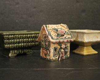 Green mid-century modern ceramic planter 8" x 5" 
McCoy model 3008 in a mustard yellow 4x4 inches 1930 
Ceramic rose tea light candle house 5" x 4" x 4" 2001, top is chipped as pictured.
These items can be shipped.