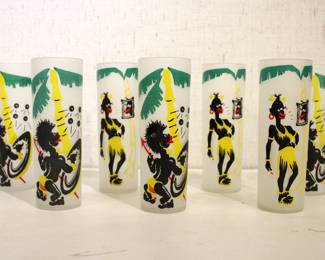 A set of 7 vintage Libbey Glass Co. frosted Black Americano drinking glasses or tumblers, likely from the 1950s, 7" tall.
These items can be shipped.