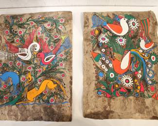 Hand painted colorful Mexican amate bark paintings, 27" x 10", paper is made from the bark of fig trees. These items can be shipped.