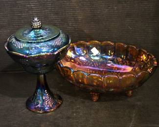Indiana Glass Blue Carnival Harvest Grape Pedestal Compote With Lid Candy Dish 12" x 8.5" x 4.5", Vintage Indiana Glass Iridescent Carnival Glass Footed Oval Fruit Design Bowl, 11" x 7"
These items can be shipped.