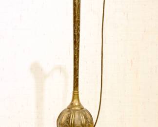 A vintage Indian brass rose water sprinkler, also known as a gulab pash or gulabdani, featuring intricate hand-etched designs, 16" tall. This item can be shipped.