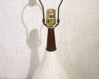 60's Midcentury Ceramic and Teak Wood Table Lamp 22", in a lot with a vintage industrial gooseneck desk lamp with a cast iron base and spun steel shade 18", These items can be shipped.