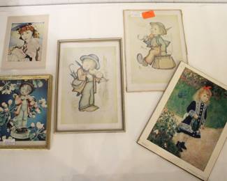 5 art prints including; a print with a stylish victorian lady and the print 'Rolant fraha 38' on it, 9.5" x 7". 
A print of a Hummel figurine, "The Little Fiddler", 9" x 11", a framed print of the classic M.I. Hummel artwork titled "Geigerlein," or the "Little Fiddler", 10" x 14". A vintage Hummel print, "Merry Wanderer" or "The Happy Wanderer", 10" x 14". Lastly a print of the famous Impressionist painting A Girl with a Watering Can by Pierre-Auguste Renoir, 14" x 11". These items can be shipped.