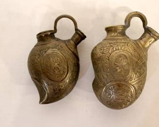 2 antique Indian or Middle Eastern engraved brass vessel Hookah Bases, 4.5", 5"
These items can be shipped