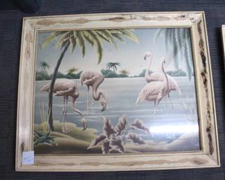 vintage mid-century Turner airbrushed flamingo print in a distressed wood frame, frame once had something glued on it.
This item can not be shipped