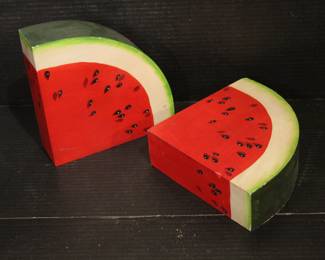 2 Vintage hand-painted wooden watermelon slices, 7" x 7" x 2.5"