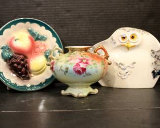 vintage 1940s - 1950s  Royal Copley ceramic fruit wall pocket, Royal Copley, 7" x 2", antique hand-painted Nippon porcelain vase with double handles, 5" x 4", vintage Barbara Baatz Decorative Ceramic Owl Art Figure Bud Vase Signed By Artist 7" x 8" x 2". These items can be shipped.