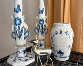 Antique Bimini Mercury Glass Deer Plus, Vintage Royal Copenhagen Vase & Candlestick Holders, Blue Fluted Plain