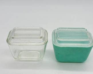 15 VintagePyrexClearTurquoise501DisheswRibbedGlassLid