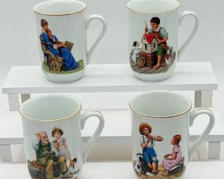 5 VintageNormanRockwellCeramicMugswGoldTrimAccents