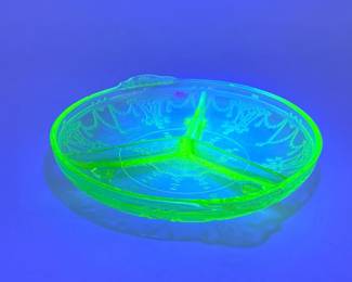 54 VintageUraniumGlassFootedDividedRelishDish