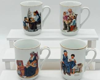 6 VintageNormanRockwellCeramicMugswGoldTrimAccents