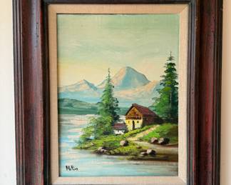 Framed and Signed Oil Painting of Mountain, Lake, and Cabin 