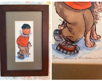 Matted and Framed Watercolor of a Child with Husky Puppy - Joan Arend Kickbush
