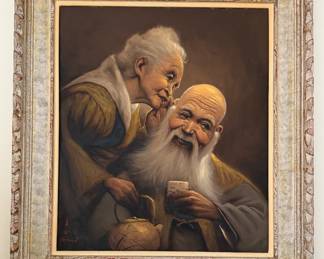 Framed - "The Secret" or "Elderly Couple Whispering Over Tea" - Arisu Bizan, Japan