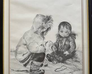 Matted and Framed Art - "Alaska Native Children Playing" - Marilyn L. Higgins, 1973