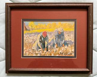 Matted and Framed Art of Two People Picking Cotton 