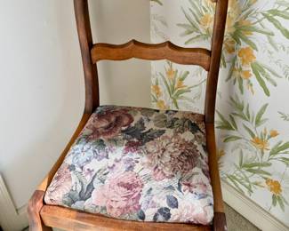 Carved Wood Side Chair with Floral Seat