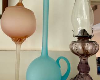 Pink Satin Glass Jar, Blue Pencil-Neck Vase, Glass Oil Lamp