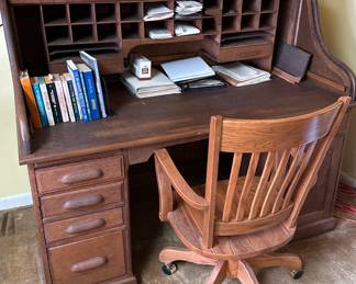 Roll Top Desk and Wood Rolling Chair