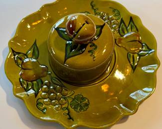 California Pottery Chip and Dip Serving Platter in Olive Green and Fruit Motif 