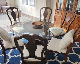 Wood and glass pedestal table and 6 chairs